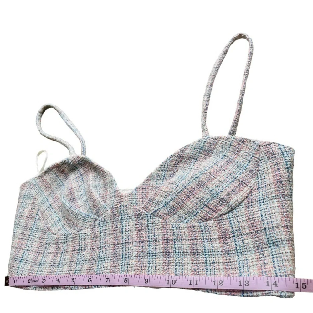 Zara Pink And Blue Tweed Bralette Blouse Medium NWOT